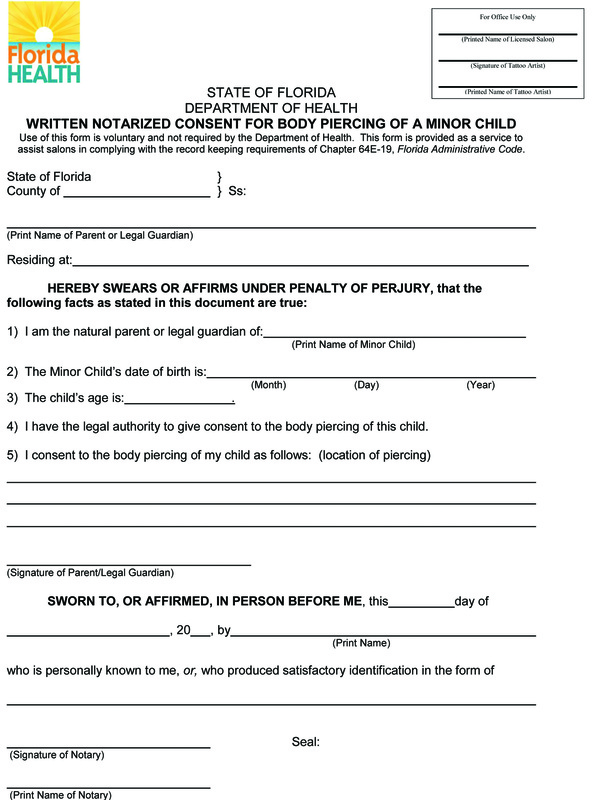 Forms required for tattooing or piercing minors and aftercare